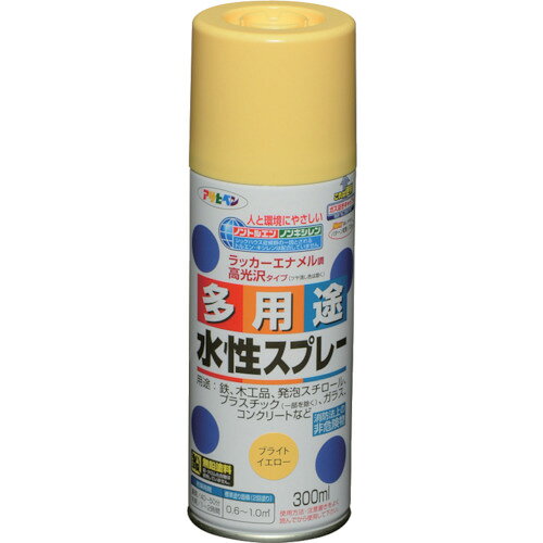 特長●タレにくく、きれいに仕上がります。●油性塗料や発泡スチロールに塗っても下地を侵さず、いろいろな素材に使用できます。用途●発泡スチロール、プラスチック(アクリル、硬質塩ビ、ABS、スチロール)、鉄、木、ブロック、紙、ガラスなどに。仕様●色：ブライトイエロー●容量(L)：0.3●乾燥時間：40分〜50分(夏期)、1〜2時間(冬期)●塗り重ね回数：2●塗布面積(［［M2］］)：0.6〜1(タタミ0.4〜0.6枚分)仕様2●塗布面積：0.6〜1.0［［M2］］●だ円吹き(パターン変更ノズル付)材質/仕上●水溶性アクリル樹脂注意●【保管上の注意】直射日光のあたるところ、自転車内などの温度の高くなるところ、容器がさびやすいことろには置かないで下さい。原産国：日本【代引きについて】こちらの商品は、代引きでの出荷は受け付けておりません。【送料について】北海道、沖縄、離島は送料を頂きます。