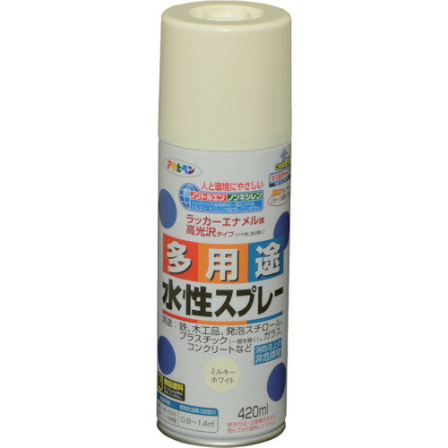 特長●タレにくく、きれいに仕上がります。●油性塗料や発泡スチロールに塗っても下地を侵さず、いろいろな素材に使用できます。用途●発泡スチロール、プラスチック（アクリル、硬質塩ビ、ABS、スチロール）、鉄、木、コンクリート、紙、ガラスなどに。仕様●色：ミルキーホワイト●容量(L)：0.42●乾燥時間：40分〜50分(夏期)、1〜2時間(冬期)●塗り重ね回数：2●塗布面積(［［M2］］)：0.8〜1.5(タタミ0.5〜0.9枚分)仕様2●塗布面積：0.8〜1.4［［M2］］●だ円吹き(パターン変更ノズル付)材質/仕上●水溶性アクリル樹脂注意●【保管上の注意】直射日光のあたるところ、自転車内などの温度の高くなるところ、容器がさびやすいことろには置かないで下さい。原産国：日本【代引きについて】こちらの商品は、代引きでの出荷は受け付けておりません。【送料について】北海道、沖縄、離島は送料を頂きます。