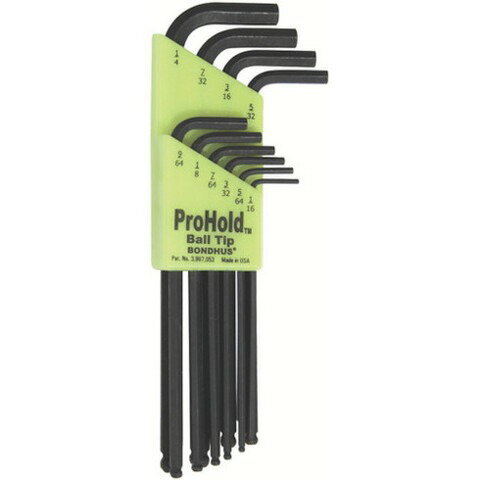 【商品詳細】●ボールポイントの側面に埋め込まれているナイロン樹脂がねじをしっかり保持します。●0.050から3/8まで全てのサイズにナイロン樹脂が埋め込まれています。●マグネットではないので鉄くずを拾いません。●六角穴付ボルトの締め付け、緩め作業に。●緩めたネジをつかんで、手元に運ぶ作業に最適。●指の届かない狭いところにあるネジに●高所や天井など作業しにくい場所にあるネジに●セット内容(インチ)：1/16、5/64、3/32、7/64、1/8、9/64、5/32、3/16、7/32、1/4●セット内容(本)：10●セット内容(組数)1/16、5/64、3/32、7/64、1/8、9/64、5/32、3/16、7/32、1/4(10本組)●セット内容：1/16、5/64、3/32、7/64、1/8、9/64、5/32、3/16、7/32、1/4●インチ10pcs.●プロガード黒染め加工処理●硬度：HRC57〜61材質／仕上●プロテニアム合金鋼［［R上］］●表面処理：プロガード加工セット内容／付属品●1/16、5/64、3/32、7/64、1/8、9/64、5/32、3/16、7/32、1/4インチ●ボンデックス［［TM上］］ケース注意●沖縄・離島　運賃別途JANコード 37231749385【代引きについて】こちらの商品は、代引きでの出荷は受け付けておりません。【送料について】北海道、沖縄、離島は送料を頂きます。