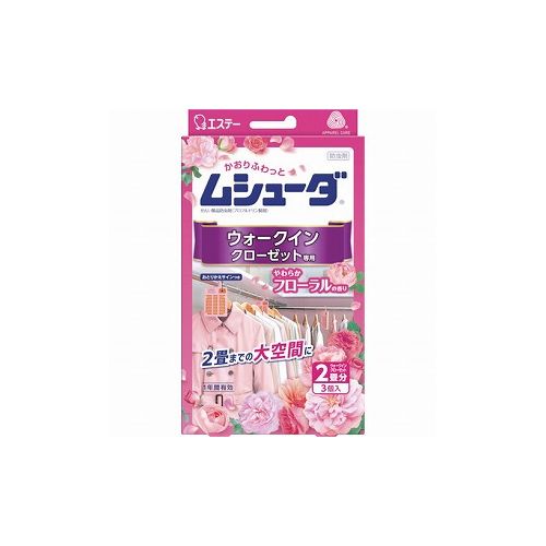 【商品スペック】■特長・大切な衣類を約1年間しっかり虫から守ります。・2畳までのウォークインクローゼットに対応します。・洗いたてのような清潔感のある香りが収納空間内にふわっとやさしく広がります。・取り替え時期がわかる、取り替えサイン付きです。■用途・ウォークイン・クローゼット専用。■仕様・効果持続目安：1年・タイプ：ウォークインクローゼット用・香り：やわらかフローラル・効果持続期間：1年■仕様2■材質／仕上・プロフルトリン（防虫成分）、香料■セット内容／付属品■注意・パッケージに記載されている使用量を守って使用してください。・密閉性を保つため、ウォークインクローゼットの扉は閉めて使用してください。・衣類の入れ替えをする時は、部屋の換気をしてください。・幼児の手の届くところに置かないでください。・本品は食べられません。【代引きについて】こちらの商品は、代引きでの出荷は受け付けておりません。【送料について】北海道、沖縄、離島は別途送料を頂きます。