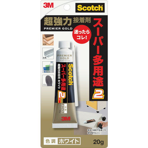 メーカー：スリーエムジャパン【商品特徴】●木・金属はもちろん、つきにくいポリプロピレン、ポリエチレン、塩ビ、シリコーンゴムにも使える高性能な無溶剤接着剤です。●屋外や水まわり、凸凹面にも使用可能です。【用途】●金属、プラスチック、軟質塩化ビニル、合成ゴム、木、皮革、陶磁器、タイルなどの接着●各種工作・模型製作●家具等の補修【仕様】●色：ホワイト●使用温度範囲(℃)：−20 〜80●容量(g)：20●硬化時間：(透湿素材25℃、湿度50%)：約1日【仕様2】●無溶剤型●硬化後の使用温度範囲： −20 〜80℃●硬化時間(25℃)：約1日●チューブタイプ【材質/仕上】●主成分：変成シリコーン樹脂、無機物【注意事項】●貴金属、食器、高価格品、フッ素系の素材には使用しないでください。●ポリエチレンフィルムは、つきにくい場合があります。質量：30g原産国（名称）：日本JAN：4549395356034※メーカーの都合によりパッケージ、内容等が変更される場合がございます。当店はメーカーコード（JANコード）で管理をしている為それに伴う返品、返金等の対応は受け付けておりませんのでご了承の上お買い求めください。【代引きについて】こちらの商品は、代引きでの出荷は受け付けておりません。【送料について】北海道、沖縄、離島は別途送料を頂きます。