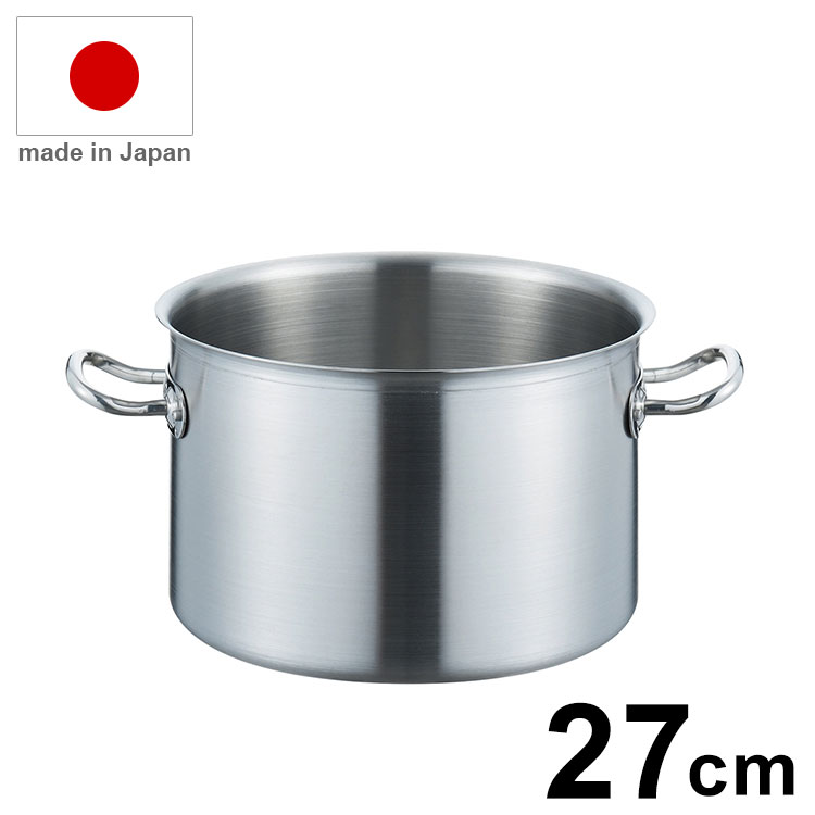 【商品説明】 軽量で使い易く、熱伝導に優れたロイヤルセカンドシリーズ 【商品情報】 ■サイズ 内径270×高さ180mm重量：2.1kg満水容量：10L板厚：1.5mm ■材質 19-0ステンレス ■生産国 日本 ■備考 食洗機対応 IH対応【送料について】北海道、沖縄、離島は送料を頂きます。ロイヤルセカンド寸胴鍋24cm27cm30cm33cm36cmロイヤルセカンド半寸胴鍋24cm27cm30cm33cm36cm