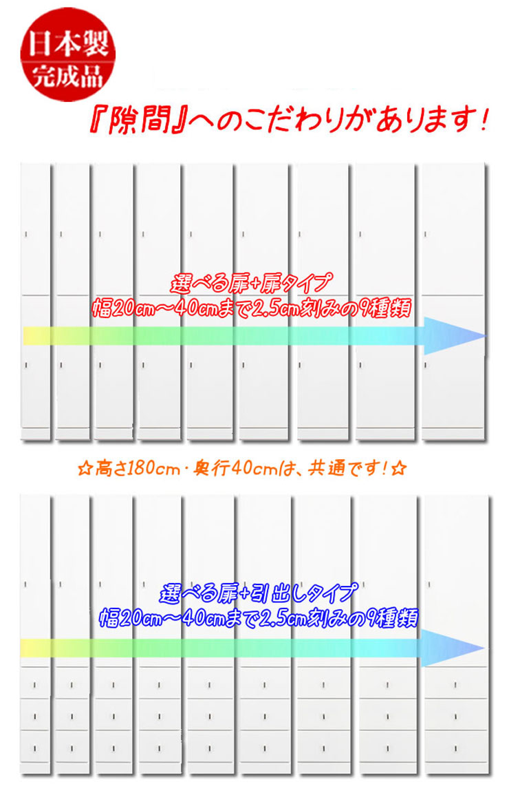 2.5cm単位で幅を選べる 隙間収納 すき間収納 扉/引き出しタイプ 幅37.5 奥行40 高さ180 大川家具 国産 完成品 キッチン収納(代引不可)【送料無料】