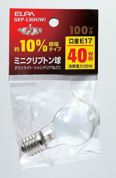 【商品詳細】定格電圧：100V定格消費電力：36W定格寿命：約2,000時間本体サイズ：全長67×バルブ径35(mm)口金：E17入数：1個カラー：ホワイト40W形約10％節電タイプアルゴンガスよりも熱伝導率の低いクリプトンガスの封入で長寿命を実現した電球です。外径のコンパクト化によってスポットライト、ダウンライトなど幅広く使用できます。【送料について】北海道、沖縄、離島は送料を頂きます。