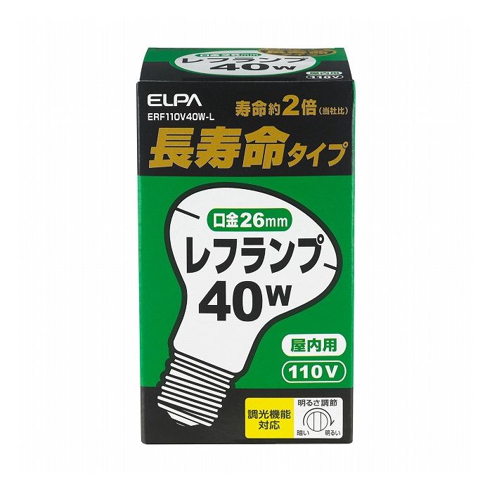 【商品詳細】定格：110V 40W定格寿命：3,000時間明るさ（全光束）：210lm消費電力：40W中心光度：100cdビーム角：110°（散光形）ビーム光束：145lm口金：E26全長：100mmバルブ径：62mm長寿命タイプこんな所に便利：照明器具に/スポットライトに/ダウンライトに調光機能対応【送料について】北海道、沖縄、離島は送料を頂きます。