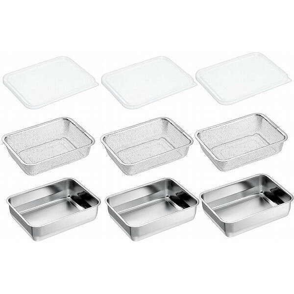 ■内容（サイズ等）バット1/2：外径約218×160×H60mm　 内径約206×150mm（約200g・約1,600cc）ザル1/2：約203×148×H50mm（約120?）蓋：約70g■材質バット本体：18-8ステンレス鋼（0.4mm厚）ザル：18-8ステンレス鋼　蓋：ポリエチレン樹脂（耐熱60℃・耐冷-30℃）■生産国日本【代引きについて】こちらの商品は、代引きでの出荷は受け付けておりません。【送料について】北海道、沖縄、離島は送料を頂きます。
