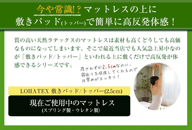 ラテックス ロハテックス マット 敷きパッド ダブル 高反発 抗菌 ダニ カビ 臭い 消臭 LOHATEX 厚さ2.5cm カバー付き 140×200×2.5cm(代引不可)【送料無料】 [3]