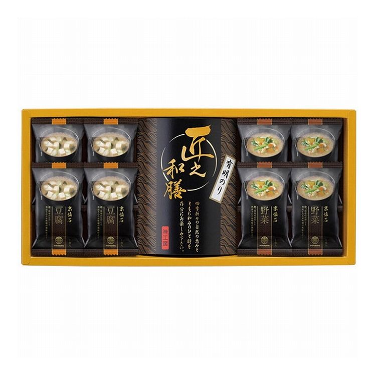 【商品詳細】鰹、昆布のおだしと熟成されたお味噌の風味仕立てのフリーズドライと有明のり・佃煮の詰合せです。原材料:【豆腐みそ汁】米みそ(国内製造)、とうふ、ねぎ、でん粉、かつおエキス、かつお節粉末、昆布エキス、わかめ、ゼラチン、かつお風味調味料、宗田かつお節粉末、かつお節エキス、たん白加水分解物/調味料(アミノ酸等)、凝固剤、酸化防止剤(V.E)、(一部に小麦・乳成分・大豆・ゼラチンを含む)【野菜みそ汁】米みそ(国内製造)、デキストリン、小松菜、キャベツ、でん粉、油あげ、かぼちゃ、人参、かつお節粉末、ねぎ、かつおエキス、還元水飴、昆布エキス、宗田かつお節粉末、たん白加水分解物、かつお節エキス/調味料(アミノ酸等)、凝固剤、酸化防止剤(V.E)、膨張剤、(一部に大豆を含む)【味付のり】乾のり(有明海産)、砂糖、醤油、食塩、醸造調味料、えび、昆布、鯵子 、唐辛子/調味料(アミノ酸等)、甘味料(ステビア)、(一部に小麦・えび・大豆を含む)アレルゲン:小麦・えび・大豆・ゼラチンメーカー名:三盛物産現品サイズ・内容:マルコメ京懐石お味噌汁フリーズドライ(豆腐・野菜各4袋)・有明のり(12切5枚6束)1個製造生産地:日本製賞味期間:製造日より常温約540日内容量:296g保存方法:常温【送料について】北海道、沖縄、離島は送料を頂きます。