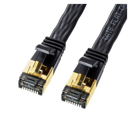【商品特長】●次世代イーサネット40GBASE-T(40Gbps)、25GBASE-T(25Gbps)に完全対応します。●エンハンスドカテゴリ5の20倍、カテゴリ6の8倍の伝送帯域である2000MHzをクリアします。帯域が広いほど高速伝送が可能になり、データエラー防止効果があります。●ペア—ごとにシールドを施したセパレーションシールド構造で、しかもペア—間の距離を保つことにより伝送エラーをストップします。●薄さ2.8mmのフラットタイプで、カーペットの下や細いすき間に配線できます。また、ケーブル内部をモールド加工しているので、ケーブルのよりが戻りにくく、性能特性が落ちません。●コネクタ部の爪が折れにくいよう、弾力性に優れたPVC製ツメ折れ防止カバーを採用しています。●サビや酸化被膜の発生を抑え、高精度の接触を保証する金メッキシールドコネクタを採用しています。●火災の延焼原因になりにくい難燃性ケーブルです。【仕様】■カラー:ブラック■ケーブル長:2m■コネクタ形状:RJ-45シールドコネクタ(スリムコネクタ、ツメ折れ防止カバー付き)■ケーブル構造:シールド(4P)、より線(30AWG)、ストレート全結線■ケーブル直径:2.8×8.5mm■対応伝送帯域:カテゴリ8(40GBASE-T)、カテゴリ7A・カテゴリ7(10GBASE-T)、カテゴリ6A(10GBASE-T)、カテゴリ6(1000BASE-TX)、カテゴリ5e(1000BASE-T)、カテゴリ5(100BASE-TX)、カテゴリ3(10BASE-T)適合■通信速度:40/25Gbps■周波数特性:2000MHz【代引きについて】こちらの商品は、代引きでの出荷は受け付けておりません。【送料について】北海道、沖縄、離島は送料を頂きます。