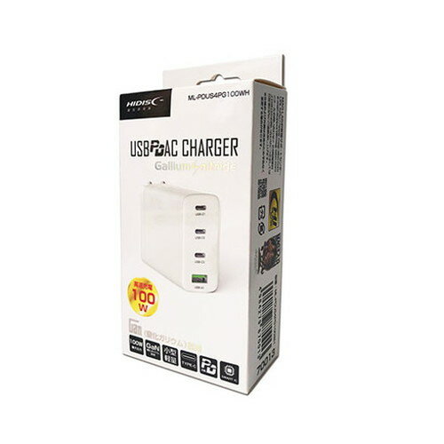 HIDISC GaN (窒化ガリウム)採用PD3.0 Type-C+USB-A 100W AC充電器 アダプター ML-PDUS4PG100WH(代引不可)【送料無料】 HIDISC GaN (窒化ガリウム)採用PD3.0 Type-C+USB-A 100W AC充電器 アダプター ML-PDUS4PG100WH(代引不可)【送料無料】