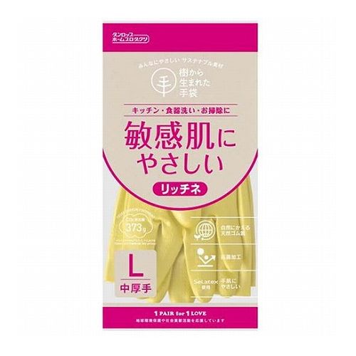 脱タンパク天然ゴム リッチネ中厚手 Lサイズ グリーン〇柔らかく使いやすい中厚手です。内面には裏毛をつけ、さらに特殊加工を施しておりますので、スムースに脱ぎはめできます。〇抗菌加工を施しています。〇天然ゴムに含まれる手荒れの原因のひとつとされているアレルゲンタンパク質を酵素で分解・精製し、ほとんど除去した素材を使用しています。〇従来のゴム手袋より、やわらかく、気になるゴムの臭いを抑えています。さらに、表面特殊加工を施し、ウェットグリップ性にも優れています。〇くり返しご使用いただいても、塩化ビニール製に比べて、硬くなったり、縮んだりしにくく、ま全長 : 33cm手のひら回り : 22.1cm中指の長さ : 8.0cm表 : 天然ゴム(Selatex)裏 : 綿(植毛)生産国 : マレーシア※画像はイメージ画像の為、実際の商品とはパッケージデザイン等が多少異なる場合がございます。予めご了承願います。【代引きについて】こちらの商品は、代引きでの出荷は受け付けておりません。【送料について】北海道、沖縄、離島は送料を頂きます。
