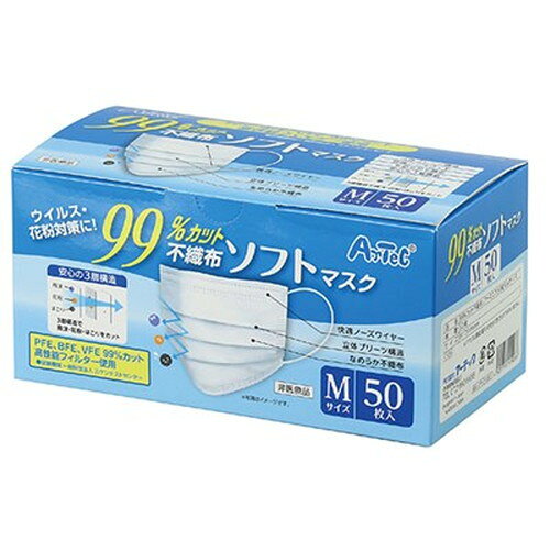 高性能フィルターのソフトマスク特長VFE・BFE・PFE99%カット高性能フィルター使用試験機関:一般財団法人カケンテストセンター不織布製仕様セット内容:50枚入サイズ:約175×95mm材質:不織布、ひも…ゴム、ノーズワイヤー…特殊プラスチック梱包:箱入り原産国:中国メーカー名：ARTEC原産国：中国【代引きについて】こちらの商品は、代引きでの出荷は受け付けておりません。【送料について】北海道、沖縄、離島は送料を頂きます。