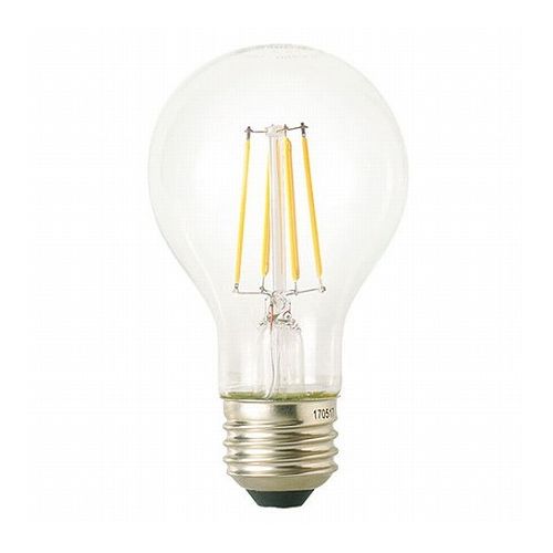 フィラメント式LED電球60W相当電球色クリア特長一般電球のように全方向に光が広がり、色合いも白熱電球と変わらないLED電球です。仕様・光色:電球色相当・使用電圧:AC100V・定格消費電力:7W・サイズ:長さ106mm・Φ60mm・色温度:2700K・質量:33g・全光束:810lm・寿命:20000時間・調光不可・屋内用・口金:E26・保証期間:1年間・生産国:中国【特長】LED、LED電球、フィラメント式、電球【代引きについて】こちらの商品は、代引きでの出荷は受け付けておりません。【送料について】北海道、沖縄、離島は送料を頂きます。