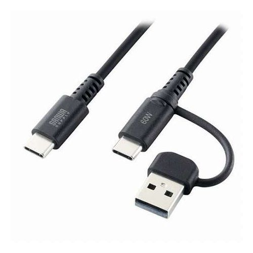 サンワサプライ USB2.0Type-Cケーブル CtoA変換アダプタ付き PD60W ブラック KU-CCP60ACC10BK(代引不可)