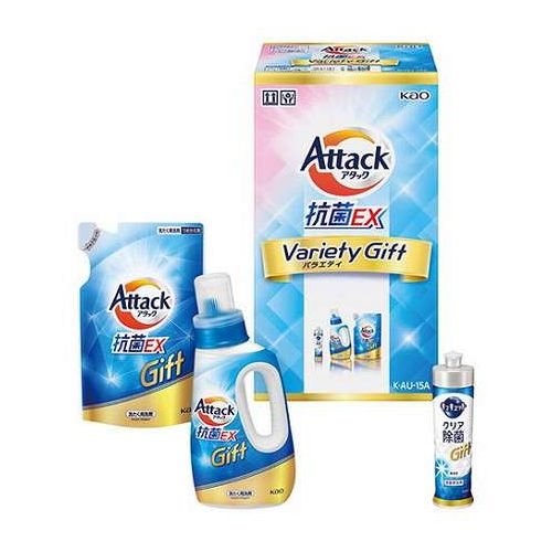 アタック抗菌EXバラエティーギフトアタック抗菌EX(750g)・アタック抗菌EX詰替用(590g)・キュキュットクリア除菌(220ml)×各1メーカー品番:K・AU-15A箱サイズ:12.1×16.1×28.4cm本体重量:1.9kg【送料について】北海道、沖縄、離島は送料を頂きます。