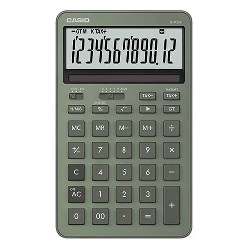 【商品説明】電卓に、洗練と上質を。そこにあるだけで、空間やインテリアの一部になるほどの存在感。スタイリッシュなフォルムが、使う人のセンスを静かに引き立てます。優れた操作性と視認性のジャストタイプです。●製品特長時間計算機能税計算(税額計算や税率の変更可能)傾斜表示(内部の液晶画面と製品本体の傾斜による)エコマーク商品(06135002)●表示形式の設定小数点セレクター(4/3/2/1/0/ADD2)ラウンドセレクター(表示桁数内での小数表示/切り捨て/四捨五入)●計算機能四則計算四則定数計算マルチパーセント計算平方根(ルート)概数計算【スペック】製品タイプ:ジャストタイプ(手に持っても卓上でも)桁数:12桁液晶ディスプレイ:計算状態表示、3桁位取り表示キーの特徴:プラスチックキー・フラットキーキーの機能:早打ち機能(2キーロールオーバー)、ツーゼロ(00)、桁下げ(バックスペース)、サインチェンジ(符号切替)メモリー:メモリー数2、独立メモリー(M+、M-、MR、MCキー方式)、総合計(グランドトータル計算)電源:T・W・P(ソーラー・電池の2電源)、オートパワーオフ電池:CR2025×1電池寿命:約7年(1日1時間使用時)サイズ(奥行×幅×高さ):182×109×20.4mm質量:196gカラー:ミスティグリーン保証期間:1年間生産国:フィリピン※商品仕様は予告なく変更となる場合があります。ご了承ください。【代引きについて】こちらの商品は、代引きでの出荷は受け付けておりません。【送料について】北海道、沖縄、離島は送料を頂きます。
