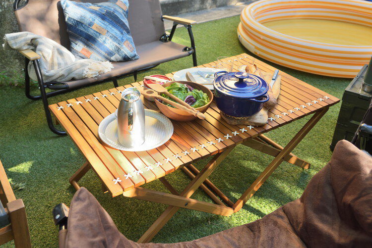 ロールトップテーブル ロールトップ テーブル 机 アウトドアテーブル フォールディングテーブル 折りたたみ アウトドア キャンプ ロータイプ 低い 低め 収納 持ち運び チーク材 本革 天然木 木製(代引不可)【送料無料】