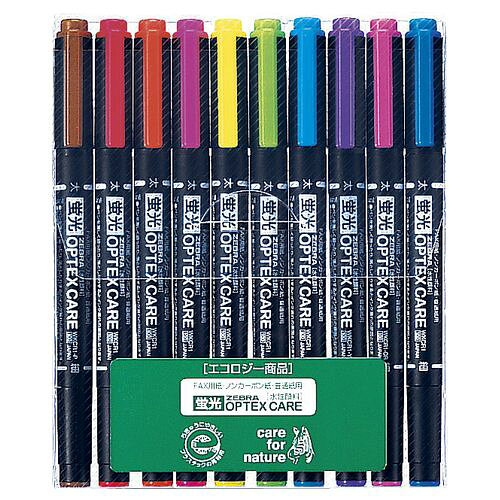 メーカー：ゼブラ品番：WKCR1-10CJANコード：4901681368600蛍光ペンの定番、「蛍光オプテックス」の使い切りタイプ。●インク色／ピンク、黄、緑、オレンジ、青、赤紫、ダークブルー、紫、茶、赤●線幅／細字0．8mm、太字4mm●インキ種類／水性顔料蛍光インク●仕様／ツインタイプ●仕様／使い切りタイプ●単位（入数）／1パック（10色入）●メーカー品番／WKCR1-10C※1パック単位でお申し込み下さい。セット内容:赤・ピンク・黄・オレンジ・緑・青・紫・ダークブルー・赤紫・茶太・細両用線幅:太4.0mm/細0.8~1.1mm水性顔料重量:98.0g【送料について】北海道、沖縄、離島は送料を頂きます。