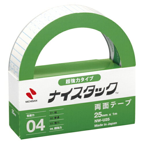 ニチバン ナイスタックTM超強力タイプ NW-U25JANコード：4987167084868【サイズ】幅25mm×1m巻【基材】アクリルフォーム(0.62mm)【粘着剤】アクリル系【はく離紙】紙(0.12mm)【粘着力】超強力●フックハンガーもガッチリ固定。●寸法：幅25mm×長1m●テープ厚：0.62mm●耐荷重：400g●用途：金属，プラスチック，木材用●材質：巻芯＝古紙使用，基材＝アクリルフォーム，粘着剤＝アクリル系※カッターは付いていません。※耐荷重の目安は幅15×長15mm相当です。【送料について】北海道、沖縄、離島は送料を頂きます。