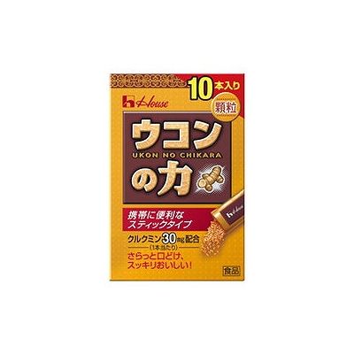 商品概要メーカー：ハウスウェルネスフーズ商品名：【軽】ウコンの力顆粒1．5g×10本区分：食品内容量：1．5g10本商品概要：秋ウコンの色素成分クルクミンを30mg配合。口のなかでさらっと溶ける飲みやすい顆粒です。さっと飲めて携帯にも便利なスティックタイプが1箱に10本入っています。JANコード：4530503703833商品コード：124701053商品の説明秋ウコンの色素成分クルクミンを30mg配合。口のなかでさらっと溶ける飲みやすい顆粒です。さっと飲めて携帯にも便利なスティックタイプが1箱に10本入っています。使用上の注意■1日1本を目安に、水などの飲み物といっしょにお召し上がりください。■衣服などにつきますとシミになりますので、ご注意ください。■開封後は早めにお召しあがりください。成分【原材料】乳糖、でんぷん、水あめ、秋ウコンエキス、ウコン色素、イノシトール、酸味料、ナイアシン、ビタミンC、ビタミンE、香料、ビタミンB6、甘味料（スクラロース）賞味期限／使用期限（製造から）1年6か月メーカー名ハウスウェルネスフーズ内容量1．5g10本商品区分食品※予告なくパッケージリニューアルをされる場合がございますがご了承ください。※パッケージ変更に伴うご返品はお受け致しかねます。※メーカーの都合により予告なくパッケージ、仕様等が変更となる場合がございます。※当店はJANコードにて管理を行っている為、それに伴う返品、交換等はお受けしておりませんので事前にご了承の上お買い求めください。【送料について】北海道、沖縄、離島は送料を頂きます。