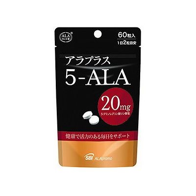 商品概要メーカー：SBIアラプロモ商品名：【軽】アラプラスファイブアラ20（60粒）区分：食品内容量：60粒商品概要：5−ALAがエネルギー産生を促進します。JANコード：4589712370701商品コード：078347176商品の特徴人間の細胞内にあるエネルギー工場「ミトコンドリア」。その中に存在する「5−ALA」は、細胞エネルギー作りにおいて重要な役割を担っています。5−ALAが細胞エネルギーを高め、私たちの健康・美容・活力をサポート。健やかな毎日をアシストする注目の成分です。原材料／成分／素材／材質原材料名：デキストリン（国内製造）、アミノ酸粉末（5−アミノレブリン酸リン酸塩含有）／結晶セルロース、クエン酸第一鉄ナトリウム、ステアリン酸カルシウム、微粒二酸化ケイ素、セラック、カルナウバロウ）栄養成分エネルギー2．28Kcal、たんぱく質0．008g、脂質0．01g、炭水化物0．54g、食塩相当量0．009g味／香り無味無臭賞味期限／使用期限（製造から）3年原産国・製造国日本産使用方法／召し上がり方摂取の方法：栄養補給の食品として、1日2粒を目安に、水などと一緒にお召し上がりください。保存方法直射日光、高温多湿を避けて涼しいところに保存してください。使用上の注意【摂取上の注意】●体調・体質によって合わない場合は使用を中止し、医師にご相談ください。●食物アレルギーのある方は原材料を参照の上、お召し上がりください。●薬を服用中・通院中の方、疾病等をお持ちの方、妊娠中、授乳中、乳幼児の方は医師・薬剤師にご相談の上、お召し上がりください。●摂取の方法をご参照の上、開封後は、お早めにお召し上がりください。●乳幼児の手の届かないないところに保管してください。発売元／製造元／輸入元SBIアラプロモ※予告なくパッケージリニューアルをされる場合がございますがご了承ください。※パッケージ変更に伴うご返品はお受け致しかねます。※メーカーの都合により予告なくパッケージ、仕様等が変更となる場合がございます。※当店はJANコードにて管理を行っている為、それに伴う返品、交換等はお受けしておりませんので事前にご了承の上お買い求めください。【送料について】北海道、沖縄、離島は送料を頂きます。
