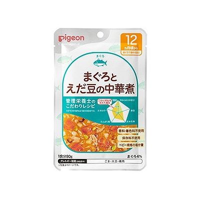商品概要メーカー：ピジョン商品名：【軽】食育レシピまぐろとえだ豆の中華煮（80g）区分：食品内容量：80g商品概要：【12ヶ月頃から】ピジョンのレトルトパウチ管理栄養士のこだわり！JANコード：4902508007757商品コード：126413926商品の特徴・歯ぐきで噛める固さ・12ヵ月頃からの赤ちゃんのかむ力の発達に合わせて、具材の大きさや固さを考えて調理しました。・素材の味を活かしたうす味仕立て。・着色料、香料、保存料は使用していません。・小麦を使用していないしょうゆを使っています。・食欲そそるごま油の香りのやわらかく煮込みました。原材料／成分／素材／材質野菜（たまねぎ、にんじん、じゃがいも、えだまめ（大豆を含む）、まぐろ水煮（国内製造）、しいたけ水煮、しょうゆ、砂糖、チキンエキス、食塩、ごま油／増粘剤（加工でん粉）アレルギー表示ごま、大豆、鶏肉（アレルギー物質（28品目中））使用上の注意※まれに濁って見えることがありますが、品質には問題ありません。発売元／製造元／輸入元ピジョン※予告なくパッケージリニューアルをされる場合がございますがご了承ください。※パッケージ変更に伴うご返品はお受け致しかねます。※メーカーの都合により予告なくパッケージ、仕様等が変更となる場合がございます。※当店はJANコードにて管理を行っている為、それに伴う返品、交換等はお受けしておりませんので事前にご了承の上お買い求めください。【送料について】北海道、沖縄、離島は送料を頂きます。