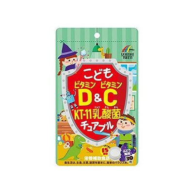 商品概要メーカー：ユニマットリケン商品名：【軽】こどもビタミンD＆ビタミンCKT−11乳酸菌チュアブル（30粒）区分：食品内容量：30粒商品概要：ぶどう風味のビタミンD、ビタミンC、KT−11乳酸菌チュアブルタブレットJANコード：4903361441078商品コード：078346875商品の特徴そのままかんで食べられる、ぶどう風味のビタミンD、ビタミンC、KT−11乳酸菌チュアブルタブレットです。お子様をはじめ大人の方もお召し上がりいただけます。1日2粒で、ビタミンD5．5？、ビタミンC100mg、KT−11乳酸菌2億個が摂取できます。原材料／成分／素材／材質ぶどう糖（国内製造）、麦芽糖、殺菌乳酸菌末／結晶セルロース、ビタミンC、甘味料（アスパルテーム・L−フェニルアラニン化合物）、ステアリン酸カルシウム、二酸化ケイ素、香料、ビタミンD栄養成分2粒（1．2g）あたりエネルギー：4．2kcal、たんぱく質：0．04g、脂質：0．03g、炭水化物：1．05g、食塩相当量：0g、ビタミンD：5．5μg、ビタミンC：100mg殺菌乳酸菌：2億個※乳酸菌は、クリスパタス菌KT−11を使用しています。発売元／製造元／輸入元ユニマットリケン※予告なくパッケージリニューアルをされる場合がございますがご了承ください。※パッケージ変更に伴うご返品はお受け致しかねます。※メーカーの都合により予告なくパッケージ、仕様等が変更となる場合がございます。※当店はJANコードにて管理を行っている為、それに伴う返品、交換等はお受けしておりませんので事前にご了承の上お買い求めください。【送料について】北海道、沖縄、離島は送料を頂きます。