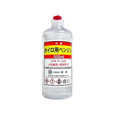 商品概要メーカー：協同組合東薬商品名：カイロ用ベンジン丸ポリ（500mL）区分：日用雑貨内容量：500mL商品概要：カイロ専用燃料JANコード：4961161114219商品コード：063701958商品の特徴カイロ専用燃料です。野外レジャー時などのカイロ用ベンジンです。原材料／成分／素材／材質石油系炭化水素保存方法・子供の手の届かないところ保管してください。・容器は直射日光を避け風通しの良い冷暗所に保管してください。使用上の注意警告・可燃性液体ですから火気により火災を起こすことがあります。・蒸気を吸入すると吐気頭痛めまいを起こすことがあります。注意・火気厳禁。・飲用不可。・火気に近づけないでください。・取り扱い中は保護具（メガネ、手袋、マスク）を必ず使用してください。・有毒ですので飲まないでください。・用途以外に使用しないでください。発売元／製造元／輸入元協同組合東薬※予告なくパッケージリニューアルをされる場合がございますがご了承ください。※パッケージ変更に伴うご返品はお受け致しかねます。※メーカーの都合により予告なくパッケージ、仕様等が変更となる場合がございます。※当店はJANコードにて管理を行っている為、それに伴う返品、交換等はお受けしておりませんので事前にご了承の上お買い求めください。【送料について】北海道、沖縄、離島は送料を頂きます。