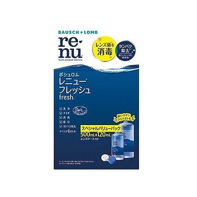商品概要メーカー：ボシュロム・ジャパン商品名：ボシュロムレニューフレッシュスペシャルバリューパック（500mL＋120mL）区分：医薬部外品内容量：500mL＋200mL商品概要：タンパク除去成分ハイドラネートの働きで、1本でソフトコンタクトレンズの洗浄・すすぎ・消毒（保存）に加え、タンパク除去までできる1ボトルタイプのケア用品です。大容量の500mLと小容量の120mLの組み合わせで生活シーンに応じてご使用頂けます。すべてのソフトコンタクトレンズにお使い頂けます。JANコード：4961308116434商品コード：114600626商品の説明タンパク除去成分ハイドラネートの働きで、1本でソフトコンタクトレンズの洗浄・すすぎ・消毒（保存）に加え、タンパク除去までできる1ボトルタイプのケア用品です。大容量の500mLと小容量の120mLの組み合わせで生活シーンに応じてご使用頂けます。すべてのソフトコンタクトレンズにお使い頂けます。サイズ/カラー約W112×H190mm使用上の注意●使用上の注意1．使用に際して守らなければならないこと。（1）この説明書に記載してある使用方法を厳守してください。使用方法を誤ると消毒が不完全となり、感染症や角膜潰瘍などの重い眼障害の原因となることもあります。またそれを治療せず放置すると失明してしまうこともあります。（2）レンズを取り扱う前は、必ずよく手を洗いよくすすいで下さい。（3）清潔なレンズケースを使用しないと、細菌が繁殖し、眼への感染や角膜潰瘍などの重い眼障害の原因となることもあります。レンズを取り出した後のレンズケースは空にして、水道の流水でケース内をよくこすり洗いしてからすすぎ、自然乾燥させてください。また定期的に新しいレンズケースに交換することをおすすめします。（4）小児に使用させる場合には、保護者の指導監督のもとに使用させてください。2．使用に際して、してはいけないこと（1）本剤はソフトコンタクトレンズの消毒のみに使用し、飲まないで下さい。（2）容器の先がコンタクトレンズや指先等にふれないように注意してください。雑菌等のため、薬液が汚染または混濁することがあります。また混濁したり変色した製品は使用しないで下さい。（3）煮沸消毒に使用しないでください。また、他のソフトコンタクトレンズ用消毒剤と併用したり、混ぜて使用しないでください。（4）一度使用した薬液は再使用しないでください。レンズを取り外した後のレンズケース内の薬液は必ず捨て、毎回新しい薬液を使用してください。（5）使用期限を過ぎた製品は使用しないで下さい。（使用期限はパッケージやボトルに表示されていますのでご確認ください）（6）今までに本剤により過敏症の症状を起こしたことのある人は使用しないで下さい。3．使用に際して相談すること（1）次の人は、使用前に眼科医に相談してください。a）今までにアレルギー症状を起こしたことがある人。b）眼科医の治療を受けている人保存方法●保管及び取り扱いには次のことに注意して下さい。（1）小児の手の届かないところに保管してください。（2）使用後はキャップをしっかり締めて直射日光を避け、室温保存してください。（3）誤用を避け品質を保持するために、他の容器に入れ替えて使用しない下さい。（4）レンズケースは、長期間使用していると汚れ等の蓄積により細菌の繁殖をまねくことがありますので定期的に新しく交換することをお勧めします。（5）容器を開封したらすみやかに使用してください。本剤にはタンパク除去の働きがありますが、タンパク質の量には個人差がありレンズが汚れる事があります。そのような場合はタンパク除去剤のご使用をお勧めします。ご使用前には必ず製品の使用説明書をよくお読みください。タンパク除去剤の使用必要頻度には個人差がありますので、眼科医に相談しその指示に従ってください。使用方法●使用方法1．洗浄こすり洗いレンズケースに本剤を満たし、手を石けんでよく洗います。はずしたレンズを手のひらにのせ、本剤を3〜5滴落として片面を人差し指で約10秒間ていねいにこすり洗いします。裏面も、本剤を3〜5滴落として約10秒間こすり洗いします。2．すすぎレンズの両面を本剤ですすぎ、表面の残留物を充分に取り除きます。3．消毒・保存レンズケースにレンズを入れ、キャップをしっかりしめます。少なくとも4時間この状態で放置します（この間に消毒が完了します）。＊レンズケースを取り出した後のレンズケースは空にして、水道の流水でケース内をよくこすり洗いしてからすすぎ、自然乾燥させてください。（海外等で使用される場合には、レンズケースは本剤で洗浄し、自然乾燥させてください。）※本剤ですすいでから装用することをおすすめします。※開封後1〜2ケ月を目安にご使用ください。成分●有効成分ポリヒキサニド(ダイメッド)1．1ppm含有●配合成分緩衝材安定化剤等張化剤pH調整剤ポロキサミンハイドラネート●表示指定成分ホウ酸エデト酸ナトリウム賞味期限／使用期限（製造から）2年メーカー名ボシュロム・ジャパン内容量500mL＋200mL商品区分医薬部外品※予告なくパッケージリニューアルをされる場合がございますがご了承ください。※パッケージ変更に伴うご返品はお受け致しかねます。※メーカーの都合により予告なくパッケージ、仕様等が変更となる場合がございます。※当店はJANコードにて管理を行っている為、それに伴う返品、交換等はお受けしておりませんので事前にご了承の上お買い求めください。【送料について】北海道、沖縄、離島は送料を頂きます。