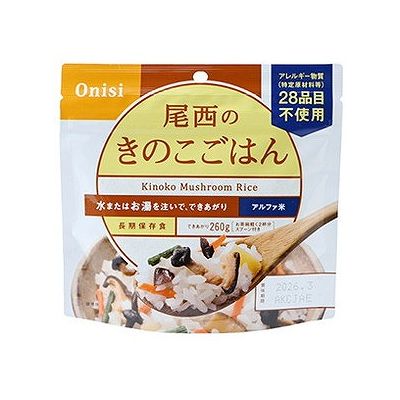 商品概要メーカー：尾西食品商品名：【軽】尾西のきのこごはん（100g）区分：食品内容量：100g商品概要：100％国産米を使用した5年の常温保存が可能なごはんです。お湯で約15分、水で約60分で出来上がります。JANコード：4970088140546商品コード：212800653商品の特徴・炊きたてご飯のおいしさをそのままに急速乾燥した「アルファ米」を使用しています。お湯又は水さえあれば、簡単にふっくらご飯ができあがります。スプーン付きだから、何処ででもお召し上がりいただけます。・四種類（ぶなしめじ・しいたけ・なめこ・きくらげ）のきのこ具材がたっぷり入ったあっさりした味のごはんです。スプーン付きだから、何処ででもお召し上がりいただけます。・でき上がりの量は、お茶碗軽く2杯分、260g！原材料／成分／素材／材質うるち米（国産）、味付乾燥具材（食塩、食用植物油脂、ぶなしめじ、乾燥人参、たけのこ、砂糖、乾燥椎茸、なめこ、乾燥きくらげ、水煮わらび、かつお節エキス）／ソルビトール、調味料（アミノ酸）、酸化 防止剤（ビタミンE）栄養成分1食（100g）あたり：熱量362kcal、たんぱく質6．6g、脂質1．6g、炭水化物80．2g、食塩相当量2．0gアレルギー表示アレルギー物質（特定原材料等）28品目不使用商品仕様／内容内容量100g／出来上がり量260g発売元／製造元／輸入元尾西食品※予告なくパッケージリニューアルをされる場合がございますがご了承ください。※パッケージ変更に伴うご返品はお受け致しかねます。※メーカーの都合により予告なくパッケージ、仕様等が変更となる場合がございます。※当店はJANコードにて管理を行っている為、それに伴う返品、交換等はお受けしておりませんので事前にご了承の上お買い求めください。【送料について】北海道、沖縄、離島は送料を頂きます。