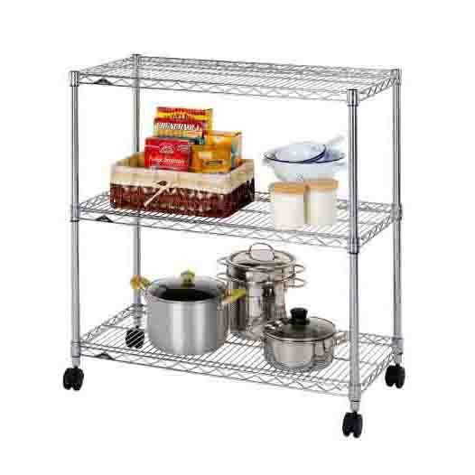 寸法:幅91.5×奥行46×高95.5cm 質量:14kg 材質:本体：スチール（クロームメッキ）　固定部品：ABS樹脂　キャスター：ナイロン樹脂 最大積載質量（等分布）:棚1枚あたり耐荷重250kg 製造国:中国製 付属品:キャスター取付用スパナ その他:キャスター付（ストッパー付2個）【送料について】北海道、沖縄、離島は送料を頂きます。