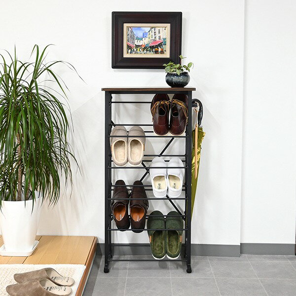 魅せるシューズラック/下駄箱 【ブラック 幅：約48.5cm】 オープンタイプ スチール アジャスター＆傘掛け付き 組立品 (代引不可)