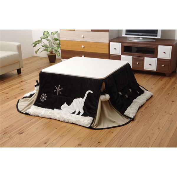 猫柄 こたつ布団/こたつ掛け布団 【単品 ブラック 約175×175cm】 洗える 薄型 省スペース マイクロファイバー 〔リビング〕 (代引不可)