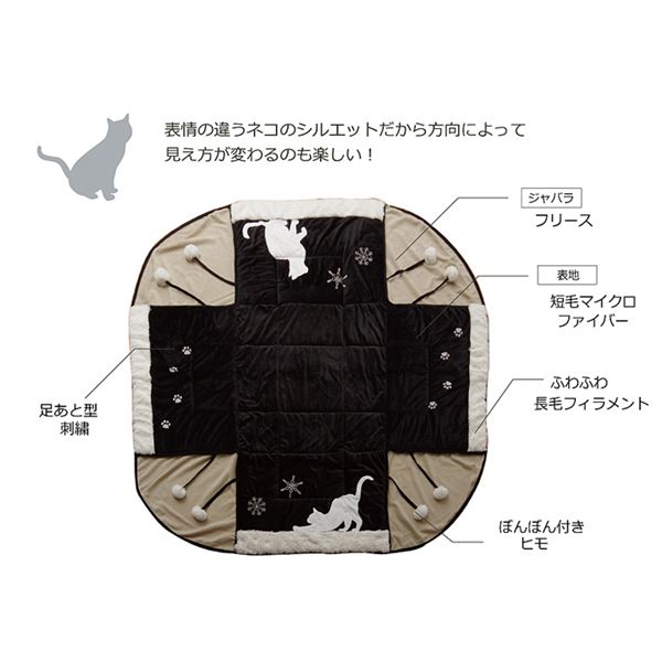 猫柄 こたつ布団/こたつ掛け布団 【単品 ブラック 約175×175cm】 洗える 薄型 省スペース マイクロファイバー 〔リビング〕 (代引不可) [2]