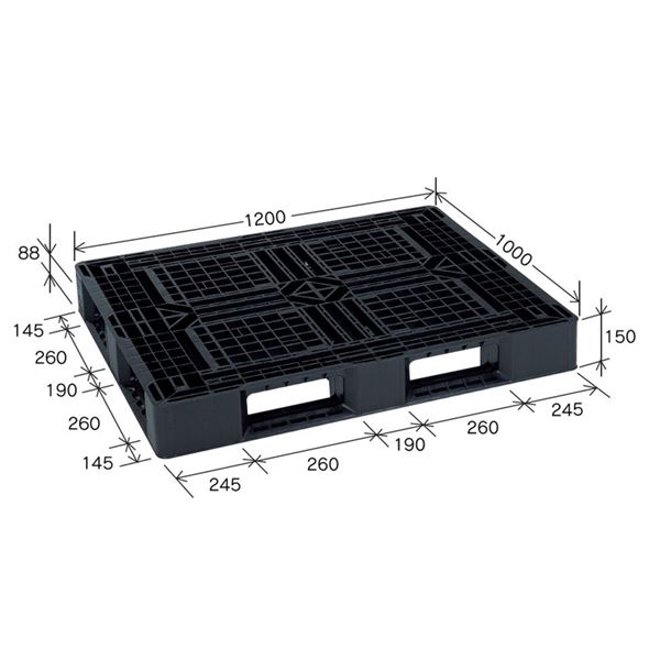 ■商品内容【ご注意事項】・この商品は下記内容×10セットでお届けします。・商品の輸送、保管に活躍するパレット。■商品スペック外寸1200 × 1000 × 150 mm 重量12 kg 材質BK：再生PP カラ—ブラック 積載荷重動荷重：1，000kg 静荷重：4，000kg【ご注意事項】本商品は、北海道・沖縄・離島への配送はいたしかねます。あらかじめご了承ください。■送料・配送についての注意事項●本商品の出荷目安は【1 - 5営業日　※土日・祝除く】となります。●お取り寄せ商品のため、稀にご注文入れ違い等により欠品・遅延となる場合がございます。●本商品は同梱区分【TS2150】です。同梱区分が【TS2150】と記載されていない他商品と同時に購入された場合、梱包や配送が分かれます。●沖縄、離島および一部地域への配送時に追加送料がかかる場合や、配送ができない場合がございます。【クレジットカードご利用について】※ご注文の際にお客様の本人確認（電話/メール確認等）をお願いする場合がございます。