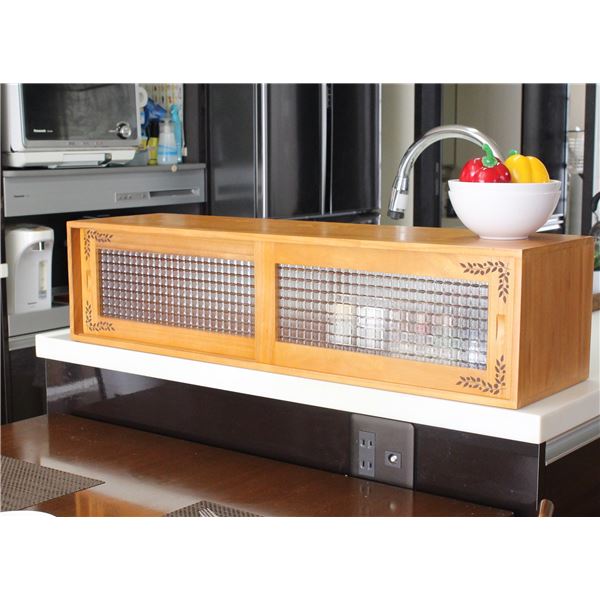 カウンター上収納 調味料入れ 幅90cm リーフ柄 ライトブラウン 上置き 引き戸 収納棚 両面開閉 木製 キッチン 台所 完成品 (代引不可)