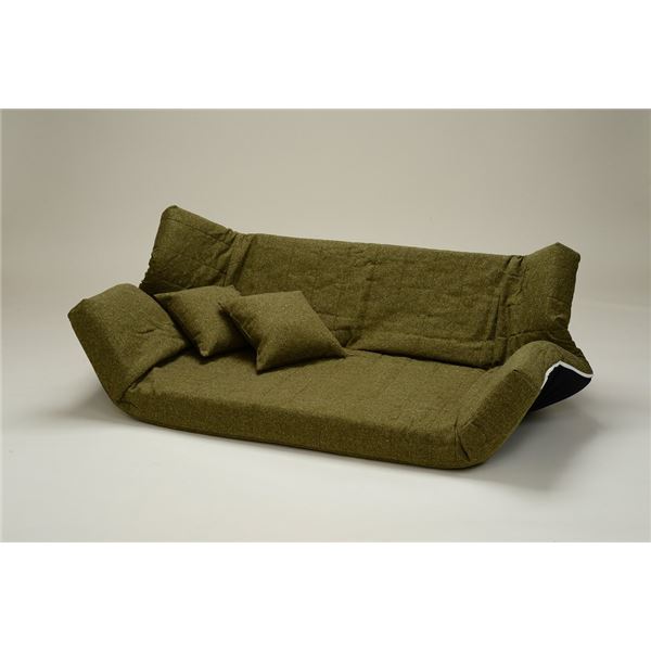 低反発 リクライニングソファー/ローソファー 【2人掛け ファブリック生地 グリーン】 肘付き 同色クッ..