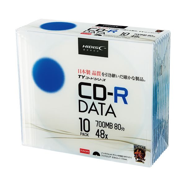 (まとめ) ハイディスク データ用CD-R700MB 48倍速 ホワイトワイドプリンタブル 5mmスリムケース TYCR80YP10SC1パック(10枚) 【×10セット】 (代引不可)