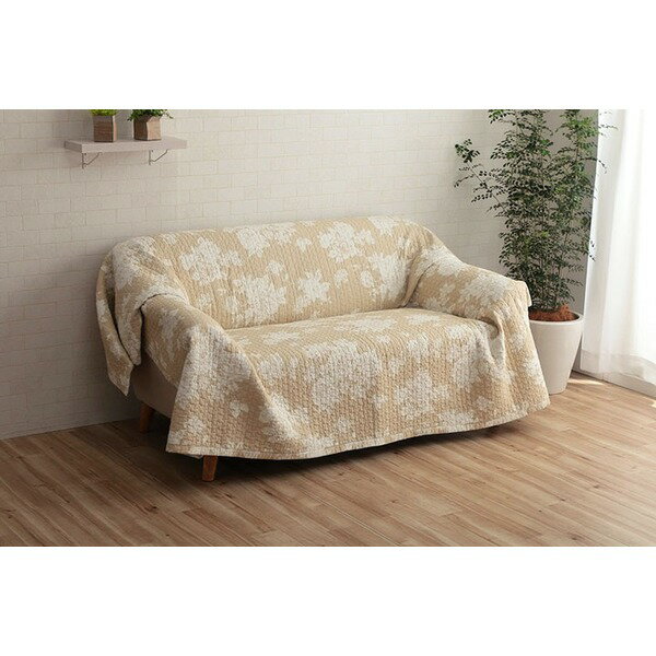 マルチカバー/ソファーカバー 【正方形 約190×190cm フラワーベージュ】 洗える 綿100％ リバーシブル ..