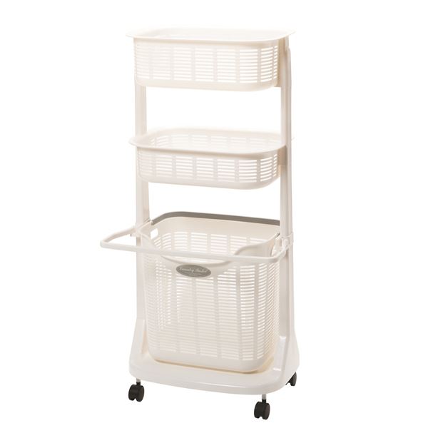 ランドリーバスケット/洗濯かご 【3段】 幅49.5cm 折りたたみ バスマットハンガー付き 日本製 サンコー..