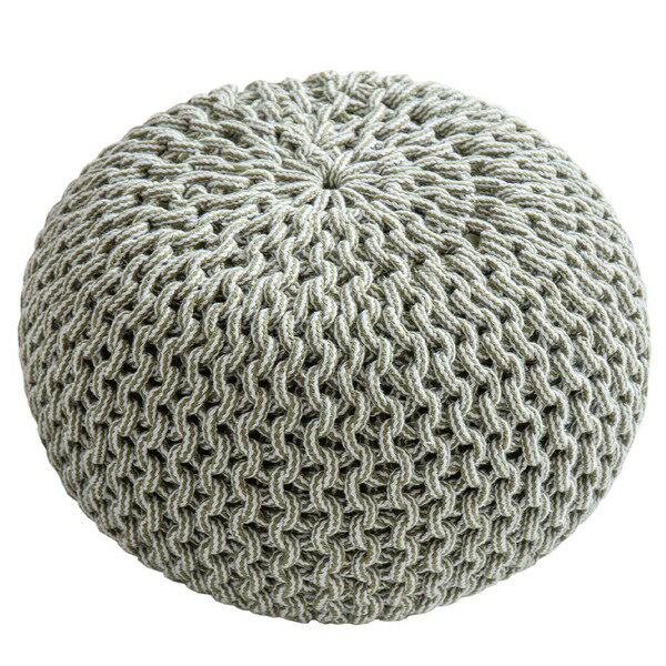 プーフ スツール 約直径50×35cm 丸形 グリーン＆ホワイト 表面綿100％ インド綿 オットマン ブレイド リビング ダイニング 店舗【送料無料】 (代引不可)
