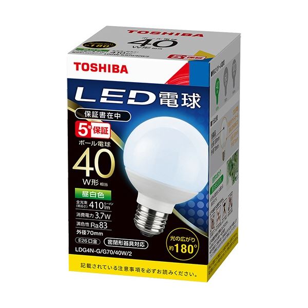 (まとめ) 東芝ライテック LED電球 ボール電球形 E26口金 3.5W 昼白色 LDG4N-G/G70/40W/2 1個 【×5セット】【送料無料】 (代引不可)