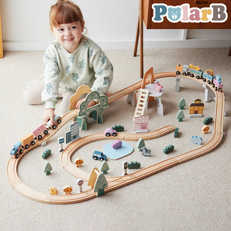 【商品名】PolarB トレインレールセット92ピース Train Set 92 pcs【サイズ(cm)】トレイン：約W7.5×D3.2×H4.6cm×8個車：W5.7×D3.4×H3.3cm×2個動物：W4.5から5×D1.4×H3.8から5.8cm×7匹レール：W133×D8.8×H20cm（全パーツ組立時） 全長490cm【材質】木、合板、MDF、ポリエチレン、鉄【生産国】中国【対象年齢】3歳から【送料について】沖縄、離島は送料を頂きます。