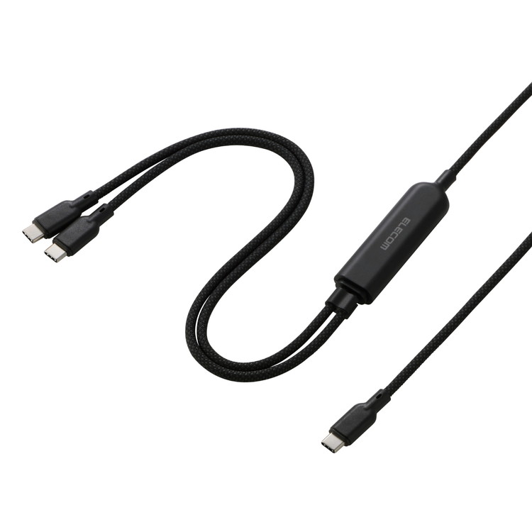 【特徴】これ1本で2台同時に充電!2つのUSB Type-C(TM)ケーブルを1本にまとめた、USB Power Delivery(最大140W)対応の2WAYケーブルです。散らかりがちな充電ケーブルをすっきり配線でき、持ち運びも1本に集約できます。傷に強く、耐久性に優れたナイロンメッシュケーブルを採用しています。【概要】■ケーブル1本でパソコンやスマートフォンなどの機器を2台同時に充電可能。散らかりがちなケーブルをすっきり配線でき、旅行や出張など外出先への持ち運びも1本に集約できます。■USB Type-C(TM)ポート搭載のAC充電器などに、USB Type-Cポート搭載のパソコンやスマートフォンなどを接続し、充電やデータ転送ができるUSB Type-Cケーブルです。■USB Power Deliveryに対応し、最大140W(28V/5A)で充電できます。スマートフォンやタブレットなどの充電が可能です。 ※単プラグ接続時■※接続する機器がUSB Power Delivery対応である必要があります。■※ご使用になる機器などの性能によって、供給される電力値が異なります。■※2台の機器を同時充電する場合、出力される電力値は接続機器の性能および環境によって変動します。また、データ転送には対応しません。■Hi-Speed USB(USB2.0)で最大480Mbpsの速度で、写真や動画などのデータ転送ができます。 ※単プラグ接続時■2WAYケーブルのばらつきを防ぎ、すっきりと配線できるケーブルアジャスター付き。使わないときもまとめておけるので、収納や持ち運びもスマートです。■外皮にはナイロンメッシュケーブルを使用し、ケーブル表面の傷を防ぎます。■難燃性の素材を使用し、安全性を高めています。■高い導電性と信号劣化を抑える金メッキピンを採用しています。■コネクター部分に製品仕様が一目で分かる印字付きです。■※USB Type-C and USB-C are trademarks of USB Implementers Forum.■EUの「RoHS指令(電気・電子機器に対する特定有害物質の使用制限)」に適合(10物質)した、環境にやさしい製品です。■自社環境認定基準を1つ以上満たし、『THINK ECOLOGY』マークを表示した製品です。■環境保全に取り組み、製品の包装容器が紙・ダンボール・ポリ袋のみで構成されている製品です。■環境保全に取り組み、製品の包装容器におけるプラスチック重量を、社内基準製品より20%以上削減した製品です。【仕様】■コネクター形状1：USB Type-C(TM)プラグ ■コネクター形状2：USB Type-Cプラグ+USB Type-Cプラグ ■対応機種：USB Type-Cポート搭載のAC充電器、パソコン、スマートフォンなど ■ケーブルタイプ：メッシュタイプ ■ケーブル長：約1.2m ※コネクター含まず ■ケーブル径：約4.3mm ■規格：Hi-Speed USB(USB2.0) ■対応転送速度：最大480Mbps ※理論値 単プラグ接続時 ■USB Power Delivery対応：○ ■対応電圧/電流：最大28V/5A ※単プラグ接続時 ■対応ワット数：最大140W ■DisplayPort Alternate Mode対応：× ■プラグメッキ仕様：金メッキピン ■カラー：ブラック ■保証期間：なし【代引きについて】こちらの商品は、代引きでの出荷は受け付けておりません。【送料について】北海道、沖縄、離島は送料を頂きます。