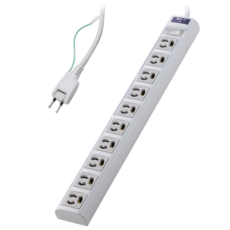 【特徴】プロジェクターやモニターなどの3ピンプラグ機器を、アダプターなしで接続できる3ピンプラグ対応タップです。抜け止め機能付きの差込口を10口備え、設置に便利な仮固定用マグネット、狭い場所でも配線しやすい2ピンのスイングプラグ、点灯式一括スイッチ(※)、設置に便利な仮固定用マグネットを搭載。雷ガード機能と丈夫なキャブタイヤコードにより、安全に使用できます。 ※コード側5口のみ連動【概要】■狭い場所でも配線しやすい180度スイング可能な2ピンプラグ(アース線付き)を採用しています。■10口ある3ピン対応の差込口には抜け止め機能を備えており、プラグを差込口に挿入した状態から少しひねるだけで、簡単にロックと解除の切り替えができます。ロックすることでプラグの意図せぬ抜け落ちを防止できます。■差込口の間隔は中心間で35mmです。■電源状態が一目でわかる点灯式一括スイッチを備えています。10口のうちコード側の5口はスイッチによるON/OFFができ、残り5口は常時通電するので、使用機器に合わせた差込口の使い分けが可能です。■本体裏面のマグネットにより、スチール製の机などに仮固定できます。■サージ電流耐量3500A/1回、2500A/2回、制限電圧775Vmax(25A 8/20μs)の素子(バリスタ)を搭載しており、誘導雷による雷サージを吸収して接続機器を保護します。■※直撃雷や、誘導雷であっても素子の許容値を超える雷サージが発生した場合、接続機器を保護できない場合があります。また、受けた電圧や回数により性能は劣化します。■電源コードには、PVCの絶縁体とシース(外皮)で構成され、通電したまま移動させることができる、丈夫で柔軟性に優れたキャブタイヤコードを採用しています。■本体筐体にはUL94 V-0グレードの高い難燃性を備えたABS樹脂、差込口周りには熱硬化性のユリア樹脂を用いた構造で、万が一の電気火災防止に有効です。■プラグには感電の危険を抑制する絶縁キャップを装備しています。■EUの「RoHS指令(電気・電子機器に対する特定有害物質の使用制限)」に準拠(10物質)した、環境にやさしい製品です。■環境に配慮し、ゴミを減らせて開梱作業もスムーズな簡易パッケージ仕様です。■自社環境認定基準を1つ以上満たし、『THINK ECOLOGY』マークを表示した製品です。■環境保全に取り組み、製品の包装容器におけるプラスチック重量を、社内基準製品より20%以上削減した製品です。■環境保全に取り組み、製品の包装容器が紙・ダンボール・ポリ袋のみで構成されている製品です。【仕様】■差込口仕様：3ピン ■差込口個数：10口 ■差込口間隔：35mm(差込口中心間寸法) ■プラグ仕様：アース線付き2ピン ■ACコード長：2m ■定格：15A、125V、合計1500Wまで ■スイッチ：○(コード側5口一括スイッチ) ■雷ガード：○ ■ホコリシャッター：× ■抜け止め機能：○ ■差込口キャップ：× ■通電表示ランプ：○(通電時スイッチがオレンジに発光) ■二重構造：△(差込口周りのみ) ■二重被ふく：○ ■絶縁キャップ付きプラグ：× ■スイングプラグ：○(180度展開) ■マグネット：○ ■吊り穴：× ■ブレーカー：× ■ノイズフィルター：× ■モジュラージャック：× ■連動機能：× ■変換アダプター：× ■カラー：ホワイト ■材質：ABS樹脂、UF樹脂、PVC樹脂 ■外形寸法：幅約50mm×奥行約400mm×高さ約32mm ※本体のみ(突起部を除く) ■質量：約670g ■環境配慮事項：THINK ECOLOGY対応、EU RoHS指令準拠(10物質) ■使用可能地域：日本国内専用 ■法規：◇PSE(特定電気用品) ■保証期間：1年間【代引きについて】こちらの商品は、代引きでの出荷は受け付けておりません。【送料について】北海道、沖縄、離島は送料を頂きます。