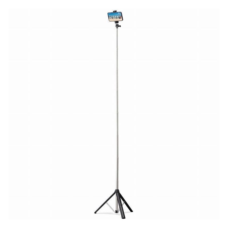 【商品特長】広い場所や全身撮影に最適。最大1600mmまで伸びるロングタイプのスマートフォン用三脚です。■広い場所や全身撮影に最適。最大1600mmまで伸びるロングタイプのスマートフォン用三脚です。■雲台は360度回転(縦撮り、横撮り)しますので、お好みの角度・位置で固定可能です。■スマートフォンホルダーは6.5インチまでの大きさに対応しています。■アクセサリーシューが付いているのでマイクやライトなどのアクセサリーの取り付けが可能です。■約380〜約1600mmまで高さ調整が可能です。■スマートフォンホルダーには落下防止のすべり止めがついています。【仕様】■材質：三脚:ABS・鉄、スマートフォンホルダー:ABS・シリコン■外形寸法：約Φ37×H370mm※突起部を含む■最大地上高：約1600mm(三脚として使用時)■最低地上高：約380mm(三脚として使用時)■重量：三脚:約283g、スマートフォンホルダー:約32g■カラー：ブラック■対応機種：4.0〜6.5インチ各種スマートフォン(ホルダー挟み幅)約60〜90mm■内容物：三脚、スマートフォンホルダー、取扱説明書【代引きについて】こちらの商品は、代引きでの出荷は受け付けておりません。【送料について】北海道、沖縄、離島は送料を頂きます。