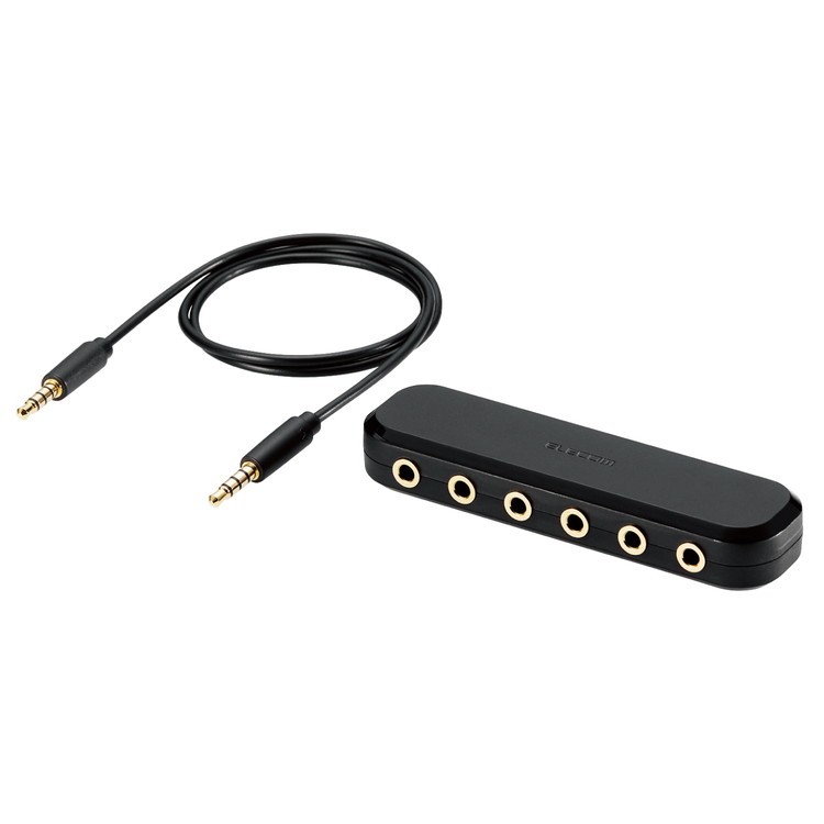 【商品特長】■1台の端末の音楽を5人同時に楽しむことや、複数の端末の音楽をミックスすることができます。■4極対応コネクタのため、5人同時に通話をすることができます。■各ケーブルを同じ方向に配線できるデザインなので、すっきり配線できます。■サビや信号劣化の心配がない金メッキピンを使用しています。■スマートフォンやゲーム機などの端末との接続用4極3.5φミニプラグケーブルを付属しています。■対応確認済みのイヤフォン及びヘッドフォン型番:EHP-CS3520MBK、HS-EP15TBK、EHP-MC3520BK、EHP-CN300MWH、EHP-CS3520MWH ※ご利用のイヤフォン、ヘッドフォンの組み合わせによっては、ノイズが発生する可能性があります。■※イヤフォンジャックを搭載しないスマートフォンをご使用の場合、別売の3.5φ音声変換ケーブルが必要です。【仕様】■対応機種：3.5φミニプラグを搭載したヘッドフォン・イヤフォン及び、3.5φミニプラグを搭載したスマートフォン・ゲーム機等 ■インターフェイス：3.5φ4極ミニジャック×6 ※どのジャックでも音声入力及び出力端子としてご利用いただけます。 ■プラグメッキ仕様：金メッキ ■ケーブル長：約0.5m (付属ケーブル)※コネクター含まず ■ケーブル太さ：2.6mm ■カラー：ブラック【代引きについて】こちらの商品は、代引きでの出荷は受け付けておりません。【送料について】北海道、沖縄、離島は送料を頂きます。
