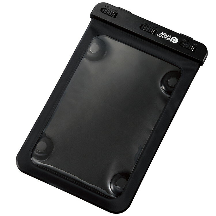 【商品名】エレコムELECOMタブレットケース防水ケース汎用IPX8吸盤付き【iPadAndroid等7.0〜8.3インチのタブレット対応】ブラック【特徴】■JIS保護等級IPX8相当の防水性能を実現する、お風呂で使用可能なタブレット用防水ケース“AQUAPROOF”です。■背面の吸盤で、お風呂の壁面や鏡に貼り付けて動画視聴や音楽鑑賞ができます。■※凹凸面やザラザラ面、つや消し面、傷がある面などの平滑でない面には貼り付けることができないのでご注意ください。■縦向きでも横向きでも使用可能です。■開閉口は出し入れしやすく密封力の高いロックレバータイプです。■ケースに入れたまま、タッチパネルの操作が可能です。■顔認証に対応しています。■約7.0〜8.3インチまでのタブレットに対応しています。■自社環境認定基準を1つ以上満たし、『THINKECOLOGY』マークを表示した製品です。■環境保全に取り組み、製品の包装容器が紙・ダンボール・ポリ袋のみで構成されている製品です。【仕様】■対応機種：約7.0〜8.3インチタブレットパソコン■カラー：ブラック■材質：ケース:PVC、ABS■その他：参考収納寸法:幅約135mm×奥行約215mm×高さ約10mm【パッケージサイズ】180×25×310mm【パッケージ重量】0.162kg【代引きについて】こちらの商品は、代引きでの出荷は受け付けておりません。【送料について】北海道、沖縄、離島は別途送料を頂きます。