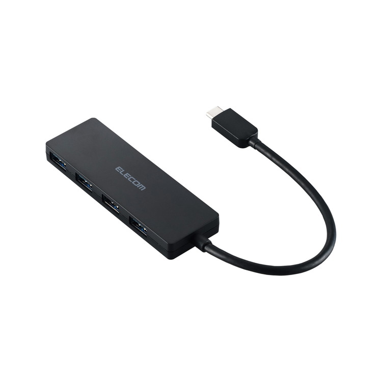 【商品説明】■USB-Aポート×4を搭載。マウスやキーボード、USBメモリなどをこの1台にまとめて接続できます。■※本製品はUSBポートを増設するための製品です。本製品を使用してスマートフォン・タブレットを充電することはおすすめできません。■USBType-Cコネクターは、表と裏がなく、向きを気にせず挿し込み可能です。■USB5Gbps(USB3.2(Gen1))対応でUSB2.0の10倍以上の転送速度を実現します。※理論値■※USB5Gbps(USB3.2(Gen1))でご使用になるには、機器側がUSB5Gbps(USB3.2(Gen1))に対応している必要があります。■機能を絞った厚さ約10mm、約32gのコンパクト設計で、在宅ワークや出張、旅行の持ち運びにも便利です。■すべてのポートをフロントに集めて配置。同じ方向から接続できるため、デスクまわりの幅を取らずすっきり配線できます。■ケーブルは紛失の心配がない直付けタイプで、ケーブル長は取り回しのしやすい約15cmです。■ACアダプター不要のバスパワー専用タイプです。■自社環境認定基準を1つ以上満たし、『THINKECOLOGY』マークを表示した製品です。■廃棄物削減に取り組み、製品に同梱する取扱説明書等をペーパーレス化した製品です。■環境保全に取り組み、製品の包装容器におけるプラスチック重量を、社内基準製品より20%以上削減した製品です。■環境保全に取り組み、製品の包装容器が紙・ダンボール・ポリ袋のみで構成されている製品です。【商品詳細】■コネクター仕様(アップストリーム)：USBType-C(TM)プラグ×1＜USB5Gbps(USB3.2(Gen1))/USB2.0/USB1.1＞■USBポート(ダウンストリーム)：USB-Aポート×4＜USB5Gbps(USB3.2(Gen1))＞■対応OS(Windows)：Windows11/10■対応OS(macOS)：macOSSequoia15■対応OS(iOS)：iOS18■対応OS(iPadOS)：iPadOS18■対応OS備考：※各OSの最新バージョンへのアップデートや、サービスパックのインストールが必要になる場合があります。■ケーブル長：約15cm※コネクター含まず■電源方式：バスパワー■動作環境：温度5℃〜40℃、湿度30%〜80%(結露なきこと)■VCCI：ClassB対応■カラー：ブラック■外形寸法：幅約94mm×奥行約31mm×高さ約10mm※ケーブル含まず■重量：約32g■保証期間：1年間【配送について】こちらはメール便での発送となります。メール便でのお届はポストインです。下記の事項は対応できませんのでご確認ください。■時間指定・到着日指定はできません。■代金引き換えでのお支払いはできません。■お荷物の現在地追跡はできません。※他の商品との同梱不可