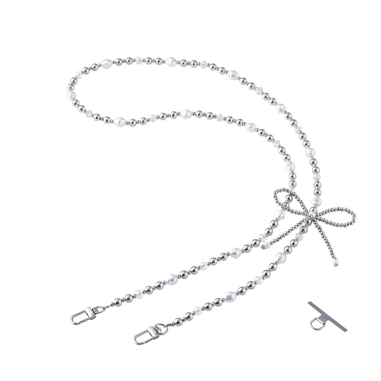 スマホストラップ リボンパールビーズ ショルダー 首掛け ストラップホルダーシート付 iPhoneAndroid対応 おしゃれ 落下防止 シルバー P-STSDH1BERSV(代引不可)【送料無料】